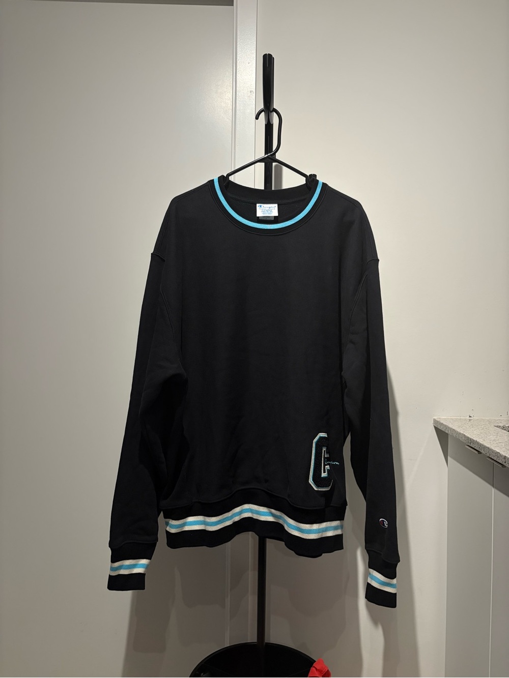 Champion Black Crewneck Sweater with Aqua and White Trim